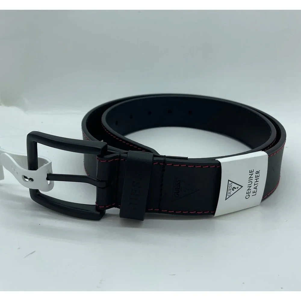 Guess Mens Genuine Leather Belt Black Red Contrast Stitch Matte Buckle New